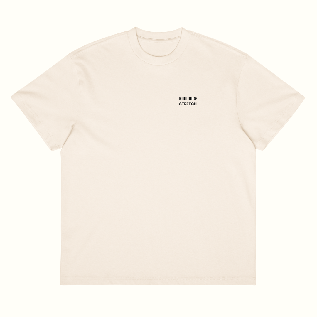 A cream-colored short-sleeve crewneck t-shirt with &