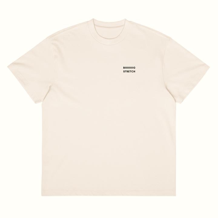 A cream-colored short-sleeve crewneck t-shirt with &