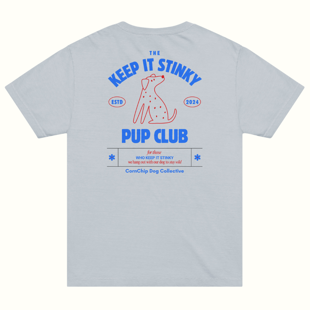 Light blue t-shirt with blue and red text and graphics on the back, featuring a dog illustration.