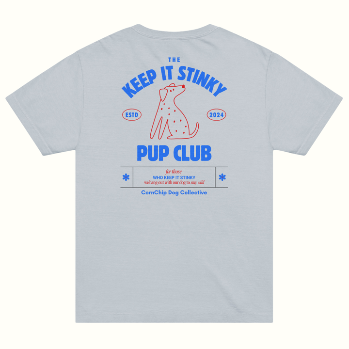 Light blue t-shirt with blue and red text and graphics on the back, featuring a dog illustration.