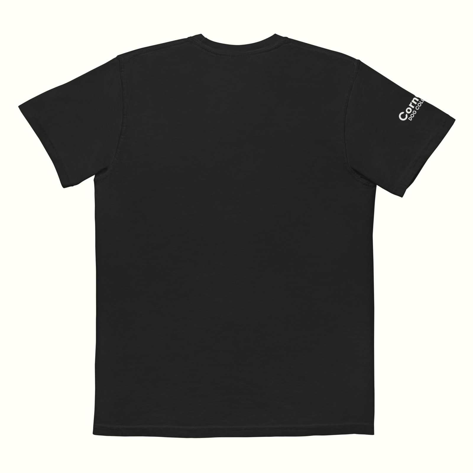 Black t-shirt with a logo on the sleeve against a white background