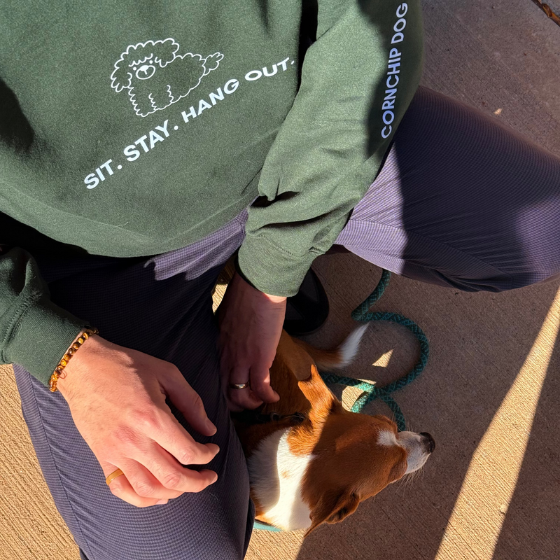 Person wearing a green sweatshirt with a dog graphic and text, kneeling next to a dog on a leash.